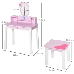 HOMCOM 2 PCS Kids Wooden Dressing Table and Stool Girls Vanity Table with Mirror for Toddlers Age 3 Years +, Pink and White
