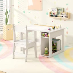 GOFLAME Kid’s Art Table & Chair Set with 4 Paint Cups & 2 Storage Shelves White