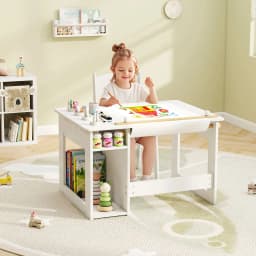 GOFLAME Kid’s Art Table & Chair Set with 4 Paint Cups & 2 Storage Shelves White