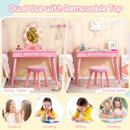 GOFLAME Princess Vanity Table & Chair Set Kids Vanity Set w/Lighted Mirror-Pink
