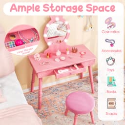 GOFLAME Princess Vanity Table & Chair Set Kids Vanity Set w/Lighted Mirror-Pink
