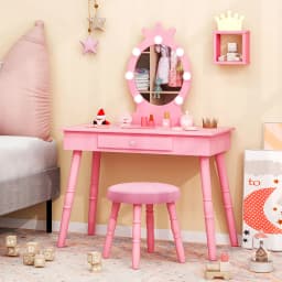 GOFLAME Princess Vanity Table & Chair Set Kids Vanity Set w/Lighted Mirror-Pink