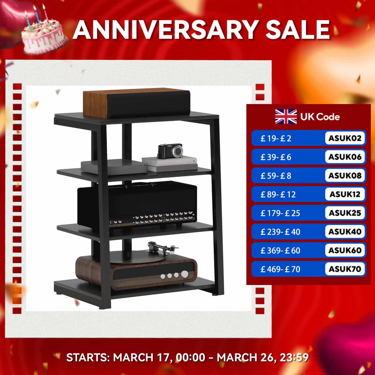 HOMCOM HiFi Rack Stand w/ Power Strip Rack 4-Tier Record Player Stand Black