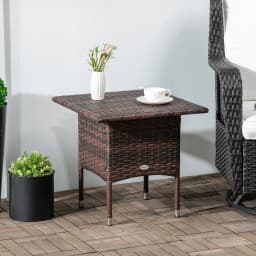 Outsunny Rattan Side Table, Outdoor Coffee Table with Plastic Board Under the Full Woven Table Top , Mixed Brown