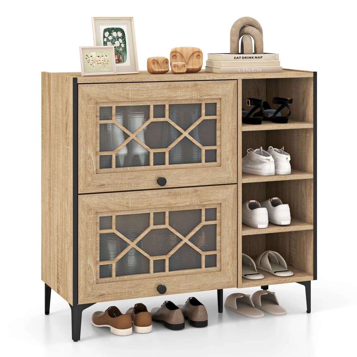 GOFLAME Shoe Storage Cabinet Freestanding Shoe Organizer w/ Flip Doors-Oak
