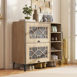 GOFLAME Shoe Storage Cabinet Freestanding Shoe Organizer w/ Flip Doors-Oak