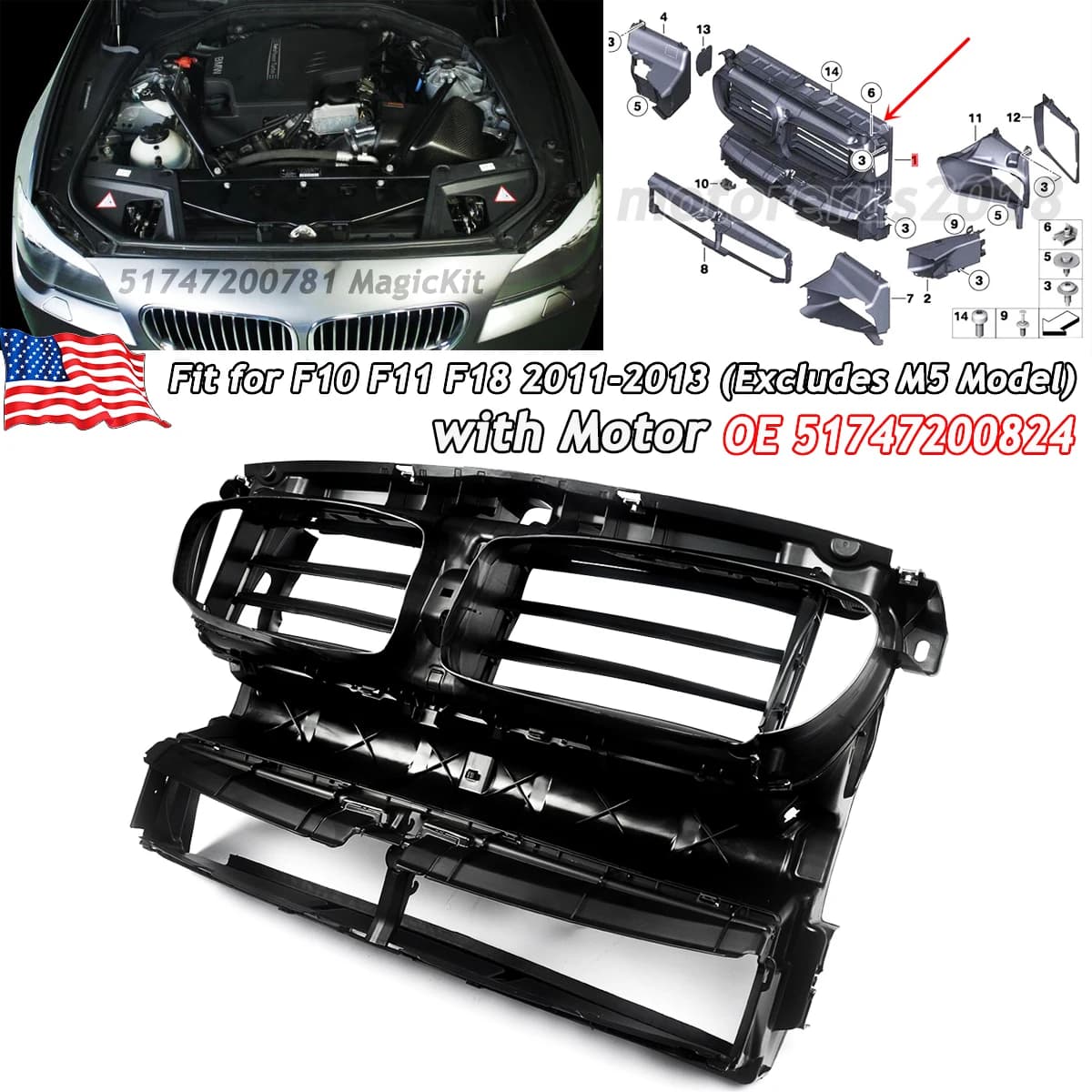 Air Shutter for BMW 5 Series F10 520d 525d 530d 535d 528i 535i 2011-2016 with Motor Front Radiator Air Duct Panel 51747200824