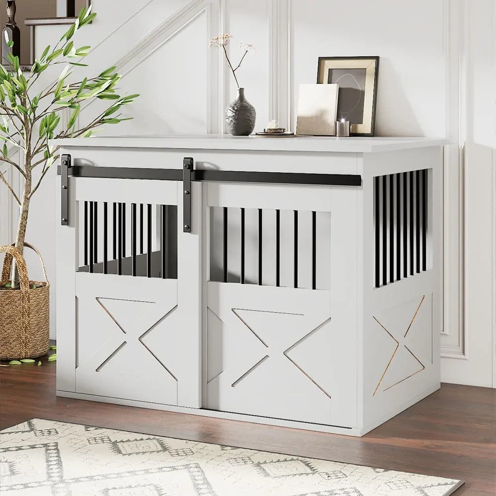 Voltsify Wooden Dog Crate with Lockable Barn Door, Storage Top & Anti-Chew Security for Small/Medium Pets