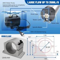 Waterproof 2200W CNC Spindle Motor 220v ER20 2.2kw Round Water Cooling Spindle 24000RPM +2.2kw VFD 48-63hz+Water Pump+80mm Clamp