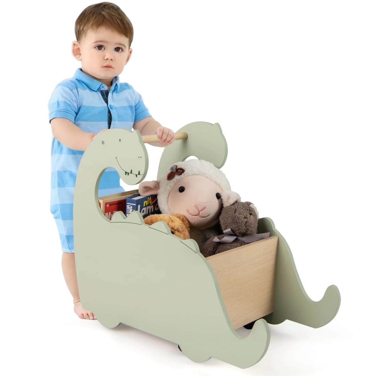 DORTALA 2 in 1 Wooden Baby Push Walker Toddler Shopping Cart w/Handle-Green
