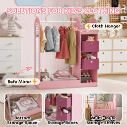 AIYAPLAY Kids Clothes Rail, Kids Dress Up Rail with Storage Shelf, Boxes, Mirror, Kids, Wardrobe for Bedroom, Kids Room, Nursery