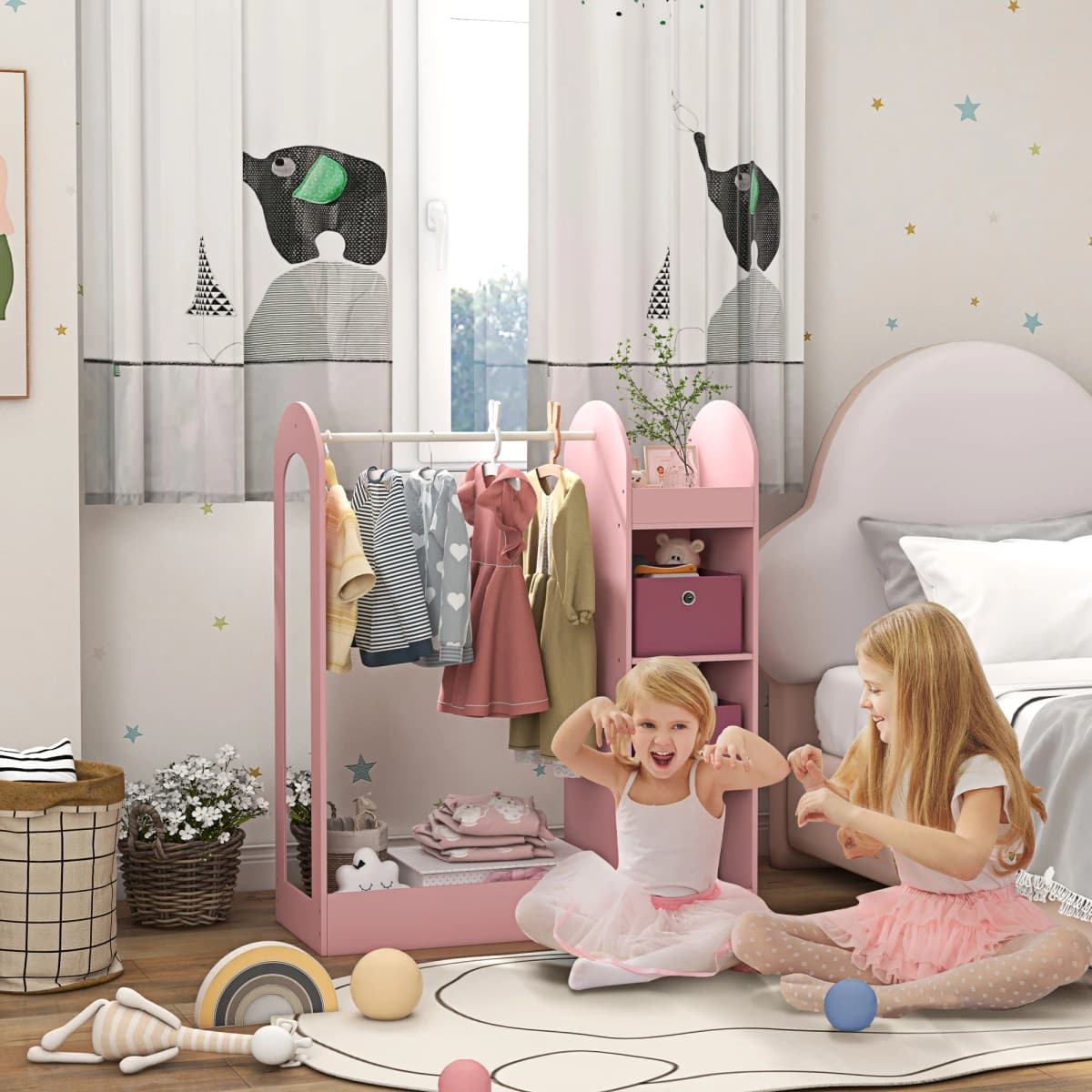 AIYAPLAY Kids Clothes Rail, Kids Dress Up Rail with Storage Shelf, Boxes, Mirror, Kids, Wardrobe for Bedroom, Kids Room, Nursery