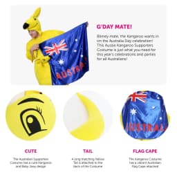 Australian Kangaroo Costume - Kangaroo Suit with Attached Australian Flag Cape - Perfect for Australia Day & Sporting Events