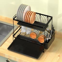 【Lifeideas】Black 2 Tier Dish Drying Rack with Drainboards