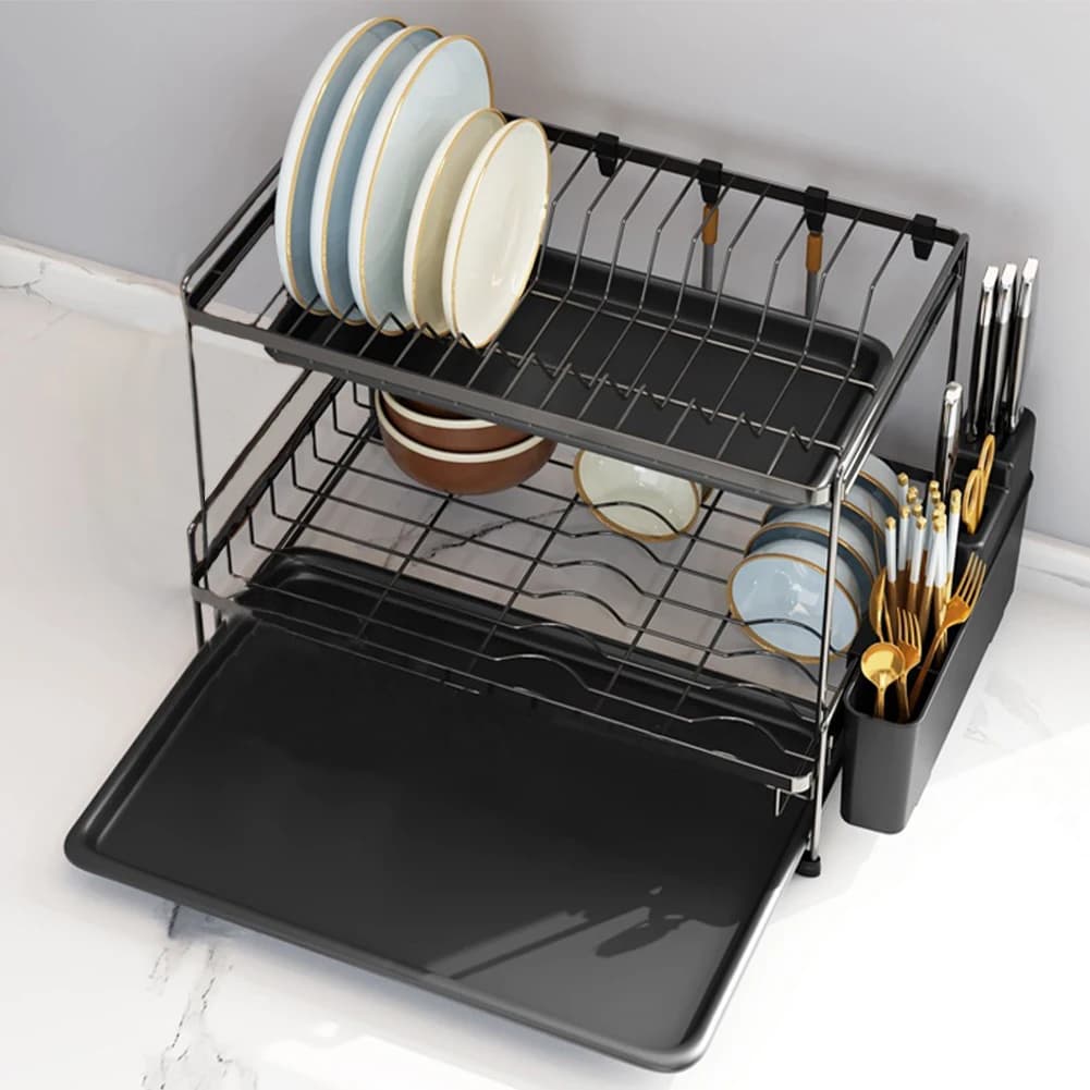 【Lifeideas】Black 2 Tier Dish Drying Rack with Drainboards