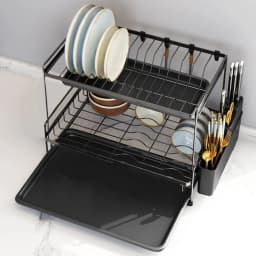 【Lifeideas】Black 2 Tier Dish Drying Rack with Drainboards