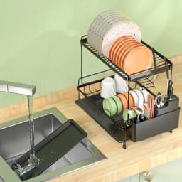 【Lifeideas】Black 2 Tier Dish Drying Rack with Drainboards
