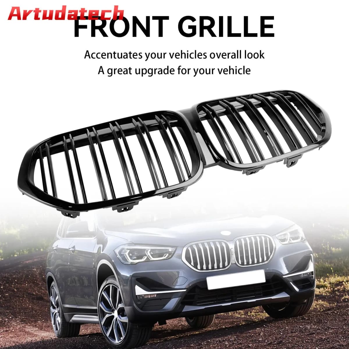 Artudatech Gloss Black Front Kidney Grille Grill Fit for BMW X1 F48 F49 2019-2021 Dual Slat