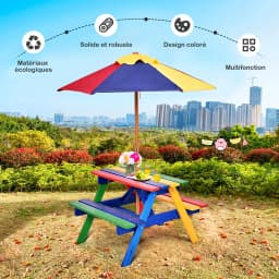 GOFLAME Kids Picnic Table Bench Set Children 4 Seat Activity Play Table with Umbrella