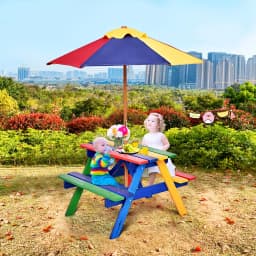 GOFLAME Kids Picnic Table Bench Set Children 4 Seat Activity Play Table with Umbrella