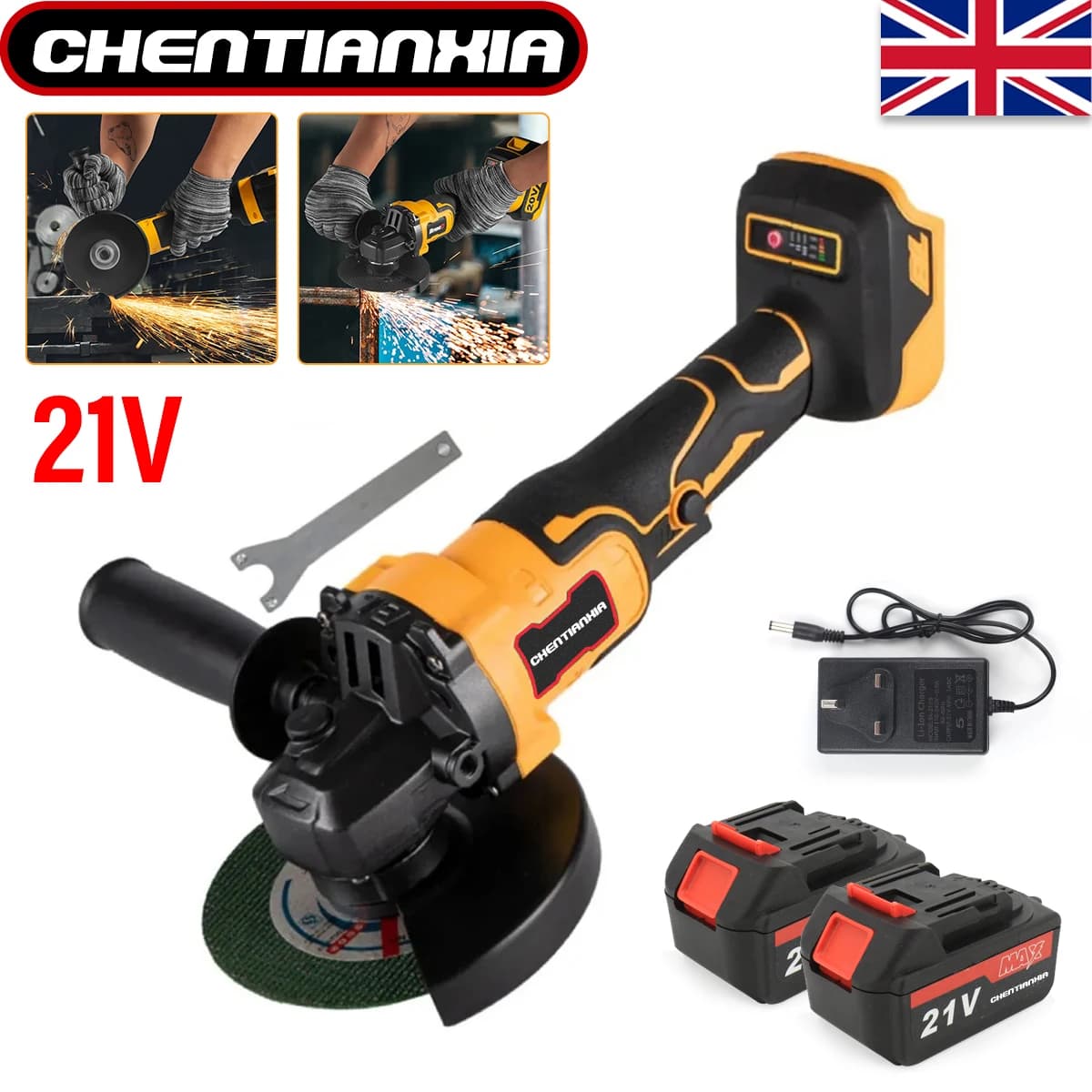 21V Cordless Brushless Angle Grinder 125mm Cutting Tool Set 2 Battery & Charger