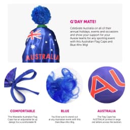 Australian Flag Cape & Blue Afro Wig - Flag Cape with "Australia" Text & Blue Wig - Ideal for Australia Day & Sports Events