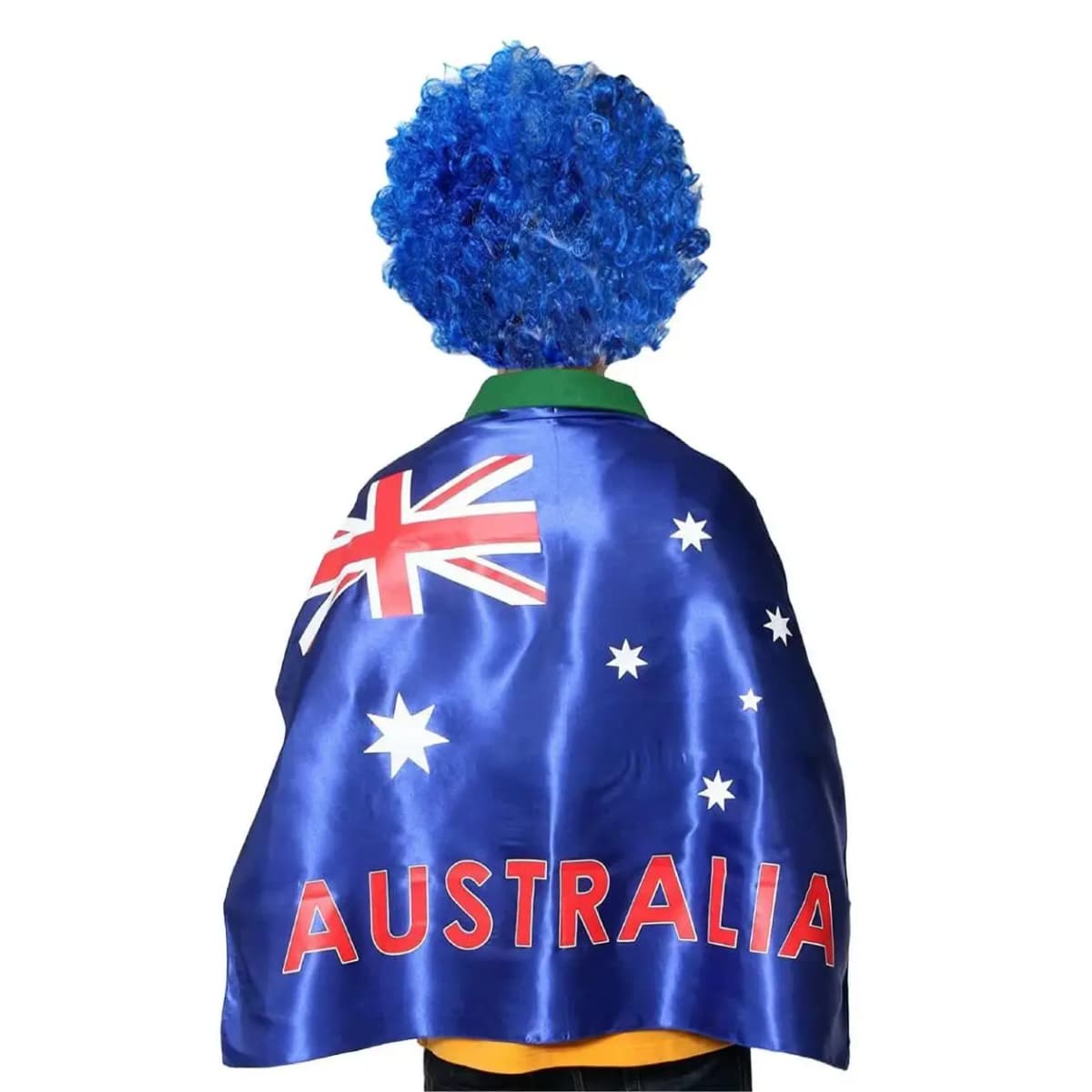 Australian Flag Cape & Blue Afro Wig - Flag Cape with "Australia" Text & Blue Wig - Ideal for Australia Day & Sports Events