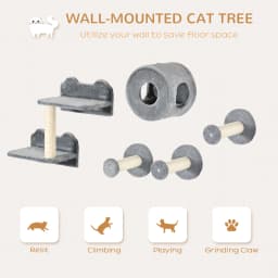 PawHut 5Pcs Cat Wall Furniture with Perch, Cat Condo, Scratching Post - Grey