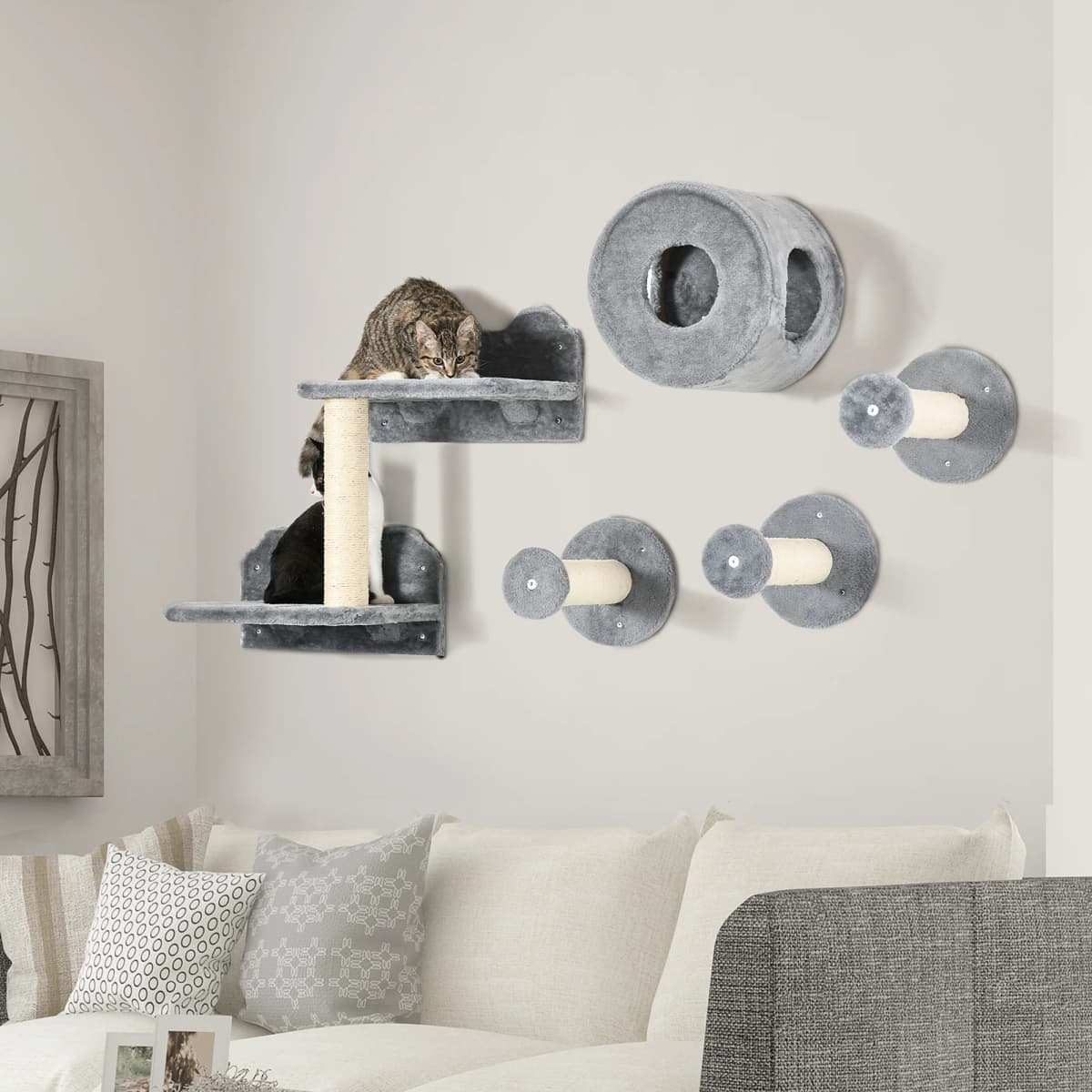 PawHut 5Pcs Cat Wall Furniture with Perch, Cat Condo, Scratching Post - Grey