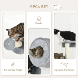 PawHut 5Pcs Cat Wall Furniture with Perch, Cat Condo, Scratching Post - Grey