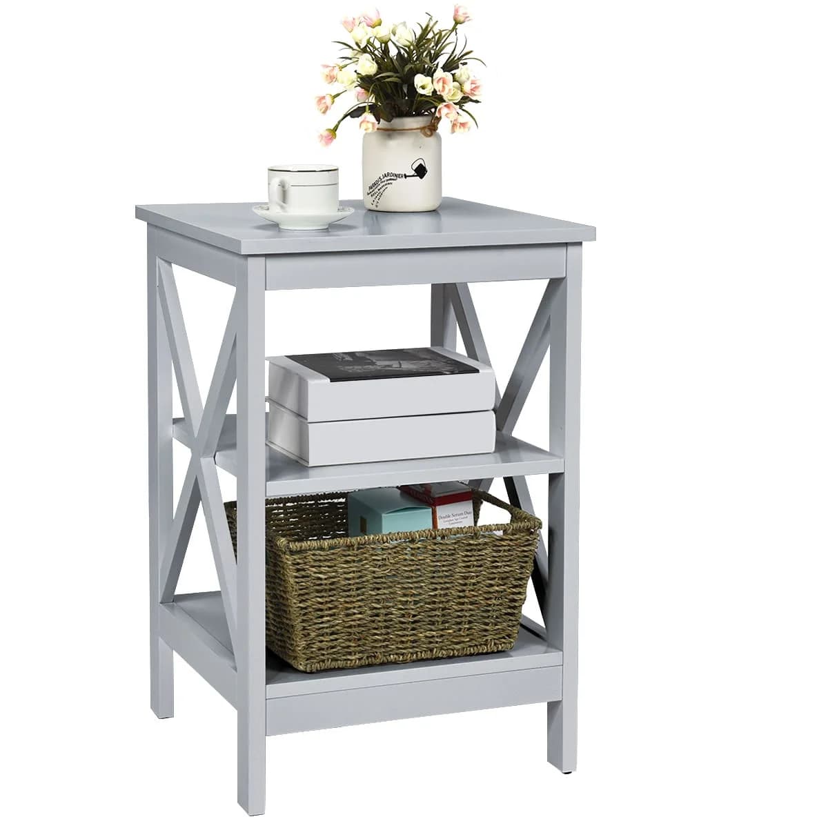 GOFLAME 3-Tier Nightstand Side Table X-Design End Table Bed Side Table-Grey