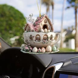 Easter Bunny Coffee Cup House Acrylic Pendant 2D Flat Pendant Interior Car Rearview Mirror Hanging Ornament Backpack Accessories