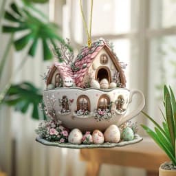 Easter Bunny Coffee Cup House Acrylic Pendant 2D Flat Pendant Interior Car Rearview Mirror Hanging Ornament Backpack Accessories