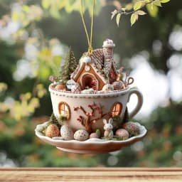 Easter Bunny Coffee Cup House Acrylic Pendant 2D Flat Pendant Interior Car Rearview Mirror Hanging Ornament Backpack Accessories