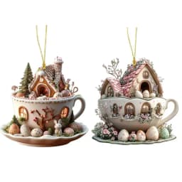 Easter Bunny Coffee Cup House Acrylic Pendant 2D Flat Pendant Interior Car Rearview Mirror Hanging Ornament Backpack Accessories