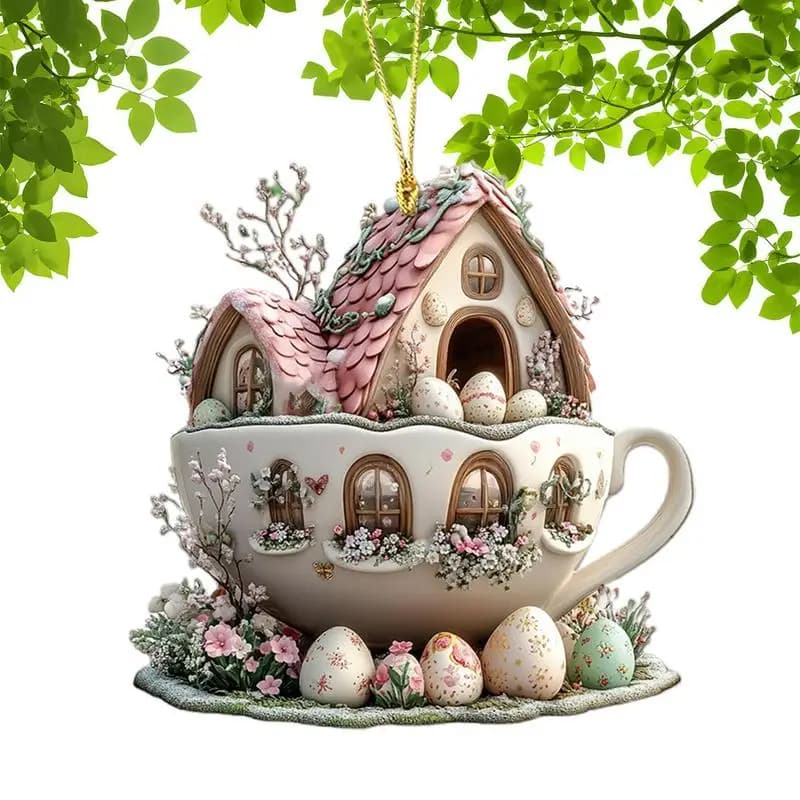 Easter Bunny Coffee Cup House Acrylic Pendant 2D Flat Pendant Interior Car Rearview Mirror Hanging Ornament Backpack Accessories