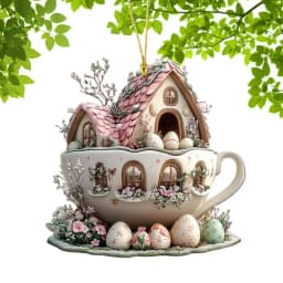 Easter Bunny Coffee Cup House Acrylic Pendant 2D Flat Pendant Interior Car Rearview Mirror Hanging Ornament Backpack Accessories