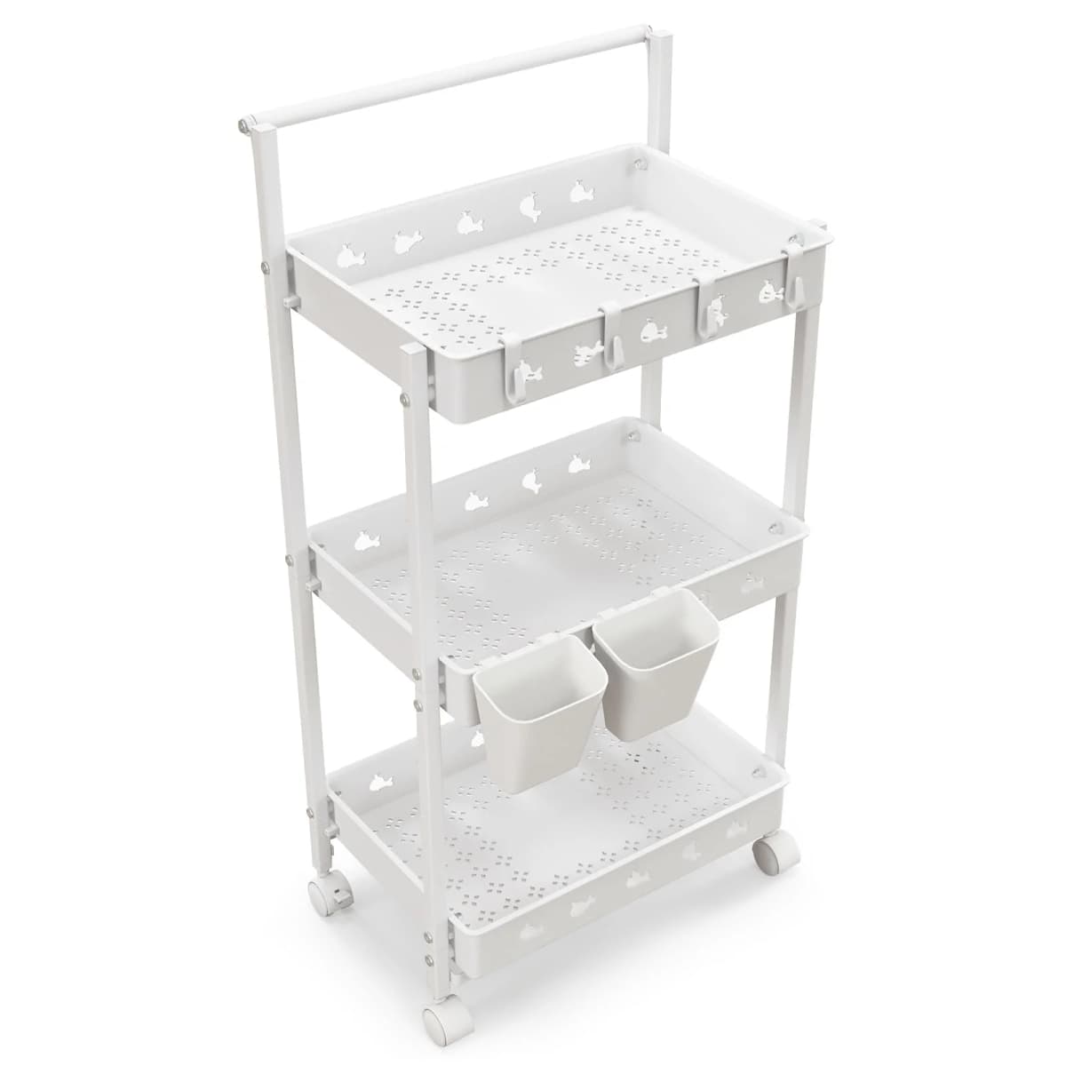 GOFLAME 3-Tier Rolling Storage Cart Utility Cart with 2 Hanging Cups & 4 Hooks