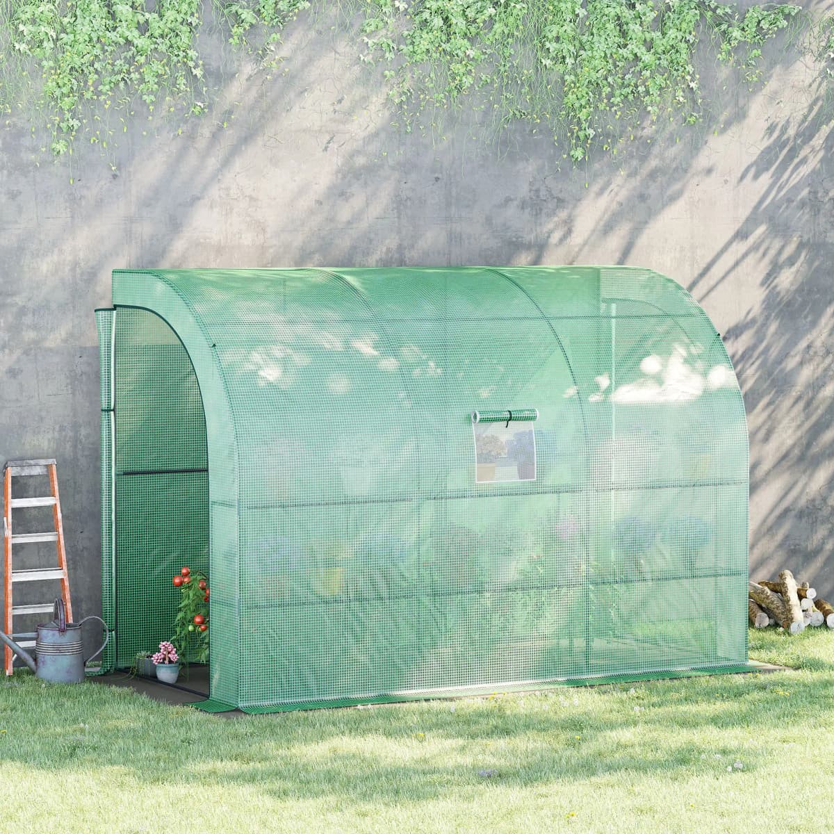 Walk-In Lean to Wall Greenhouse with Windows and Doors 300L X 150W X 213Hcm