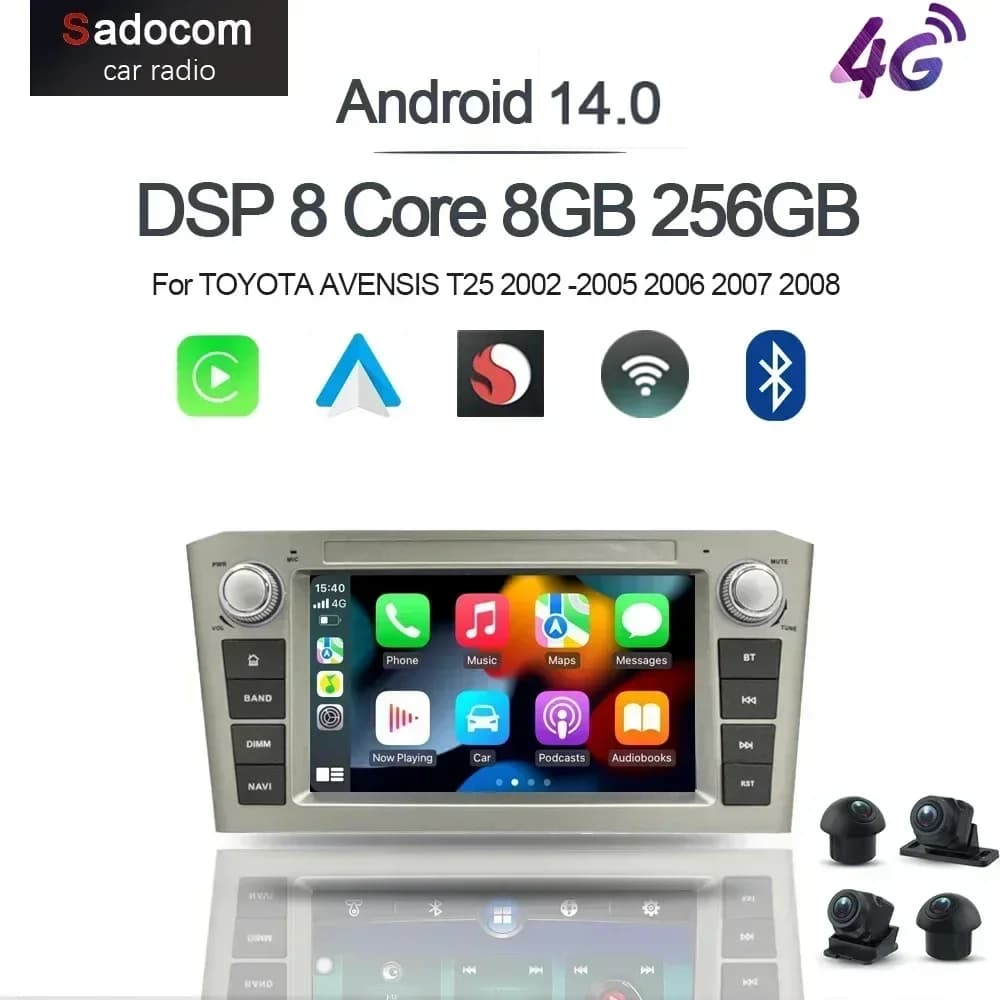 DSP CarPlay 7'' Android 14.0 Car Player 8GB 128G Multimedia Car Radio GPS WiFi for TOYOTA AVENSIS T25 2002-2005 2006 2007 2008