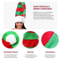 Striped Elf Hat Novelty Christmas Fancy Dress Accessory - Tall Red & Green Striped Elf Hat With Wire to Pose It as You Like