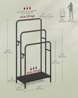 VASAGLE Freestanding Towel Rack, 3-Bar Towel Holder with 2 Hooks, 50 x 30 x 100 cm, Storage Shelf, for Bath Towels