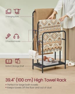 VASAGLE Freestanding Towel Rack, 3-Bar Towel Holder with 2 Hooks, 50 x 30 x 100 cm, Storage Shelf, for Bath Towels