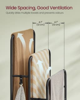 VASAGLE Freestanding Towel Rack, 3-Bar Towel Holder with 2 Hooks, 50 x 30 x 100 cm, Storage Shelf, for Bath Towels