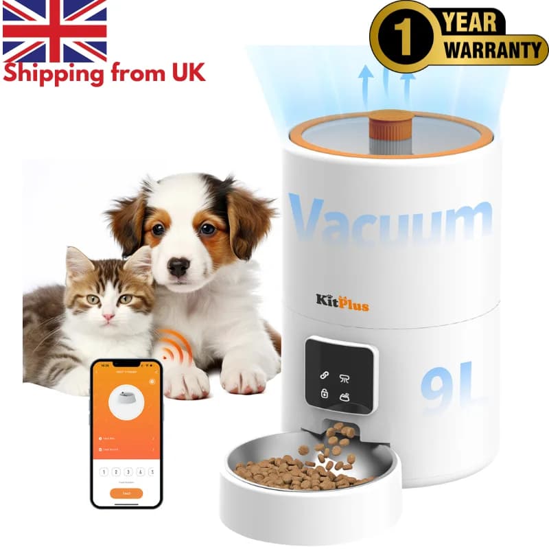 KITPLUS Vacuum Automatic Cat Feeder, 9L Cat Food Dispenser, App Timer to Feeder, Keep Food Fresh, Lock Lid, 10 Meals for Dog Cat