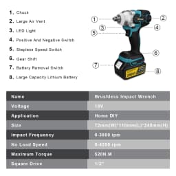 Gisam 520N.M Brushless Electric Impact Wrench Cordless Electric Wrench 1/2inch for Makita 18V Battery Pin Screwdriver Power Tool