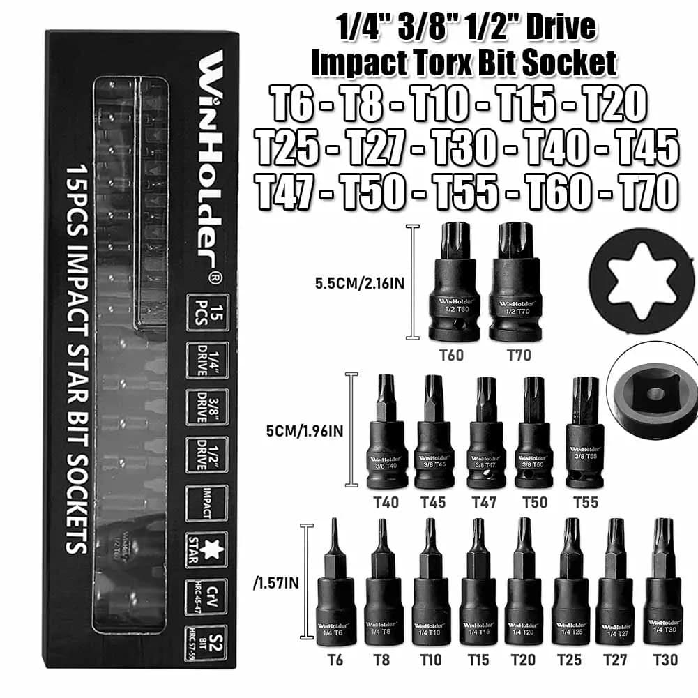 Industrial 15pcs Impact Torx Bit Socket Set 1/4",3/8",1/2" Drive T6 T8 T10 T15 T20 T25 T27 T30 T40 T45 T47 T50 T55 T60 and T70