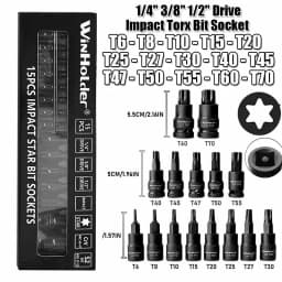 Industrial 15pcs Impact Torx Bit Socket Set 1/4",3/8",1/2" Drive T6 T8 T10 T15 T20 T25 T27 T30 T40 T45 T47 T50 T55 T60 and T70