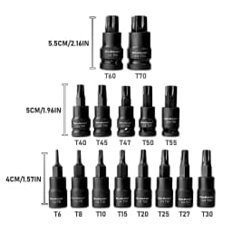 Industrial 15pcs Impact Torx Bit Socket Set 1/4",3/8",1/2" Drive T6 T8 T10 T15 T20 T25 T27 T30 T40 T45 T47 T50 T55 T60 and T70