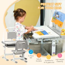 HOMCOM Kids Desk and Chair Set, Height Adjustable Study Desk with USB Lamp, Storage Drawer for Study
